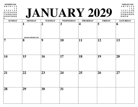 January 2029 Calendar.